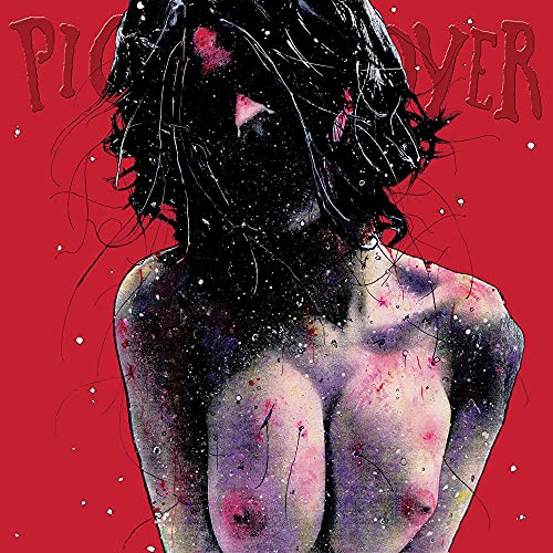 Red album cover with obscured figure and splattered texture.