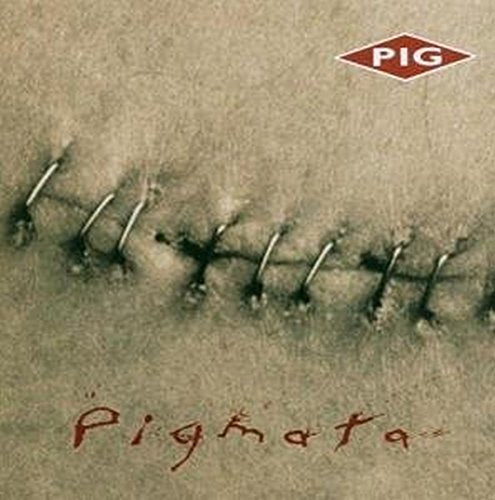 "Album cover with stitched leather texture, 'PIG' logo, and 'Pigmata' handwritten in red."