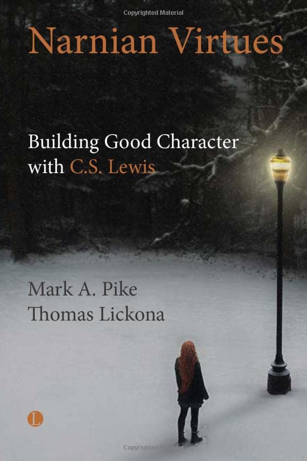 Book cover: "Narnian Virtues" with a snowy street scene.