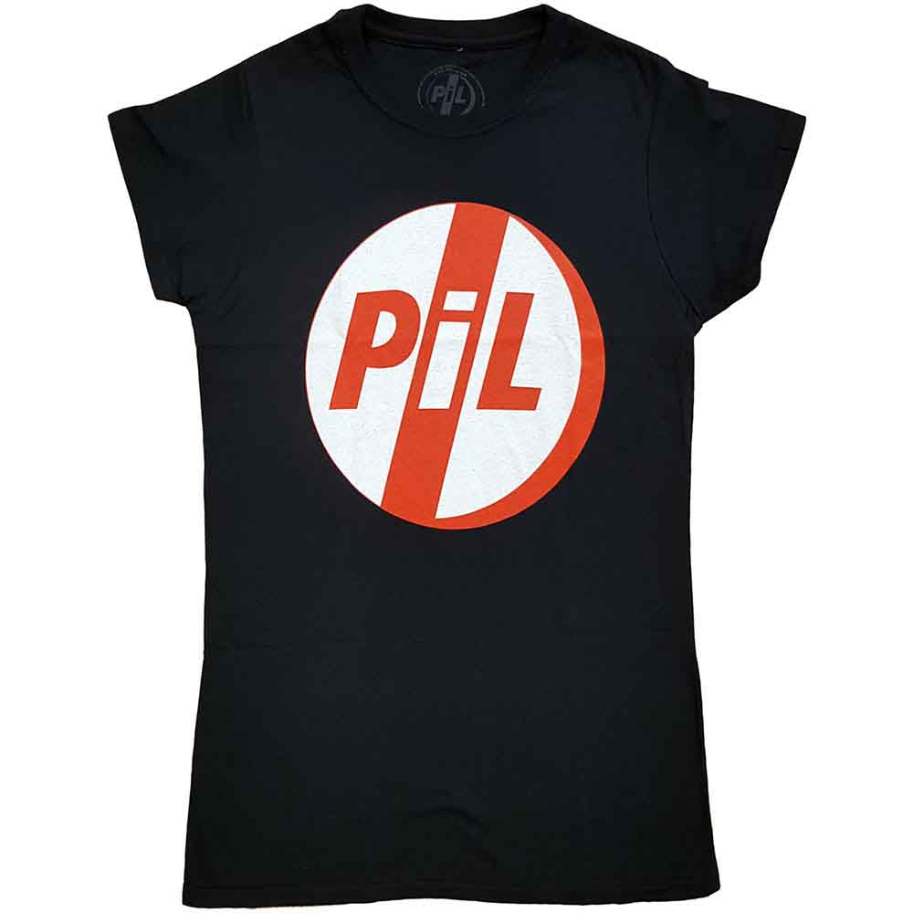 Black ladies' t-shirt with a red and white PIL logo on the chest.