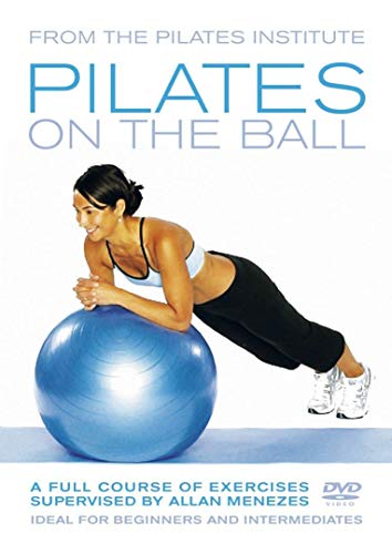 Pilates DVD cover featuring a woman exercising with a blue fitness ball.