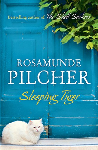 Book cover for Sleeping Tiger by Rosamunde Pilcher featuring a white cat by blue doors.
