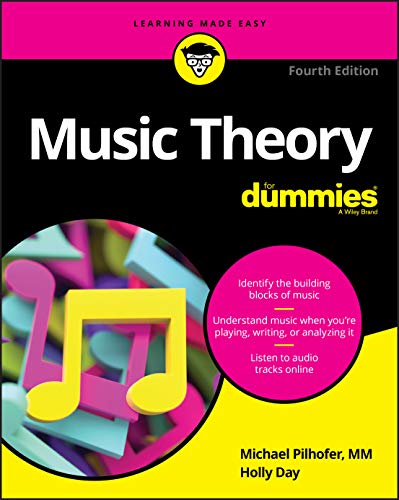 Book cover for Music Theory For Dummies, 4th Edition, featuring colorful musical note graphics.