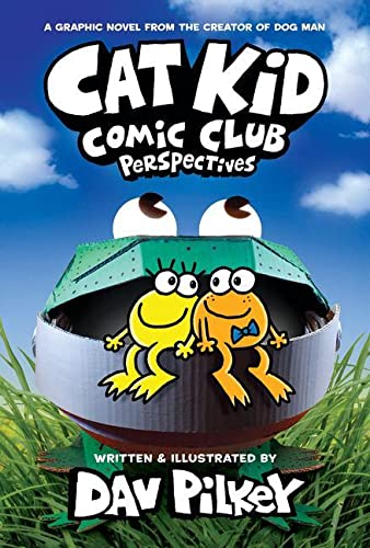Book cover featuring two cartoon frogs sitting inside a cardboard frog head in grass.