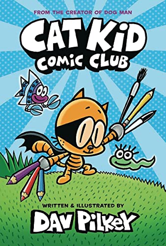 Book cover featuring an orange cat with a superhero mask and art supplies.