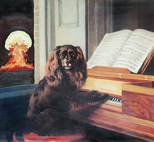 "Album cover featuring a dog at a piano with a nuclear explosion in the background."