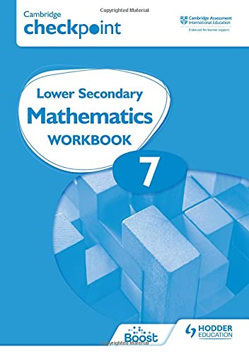 Cambridge Checkpoint Lower Secondary Mathematics Workbook 7 cover with blue geometric block pattern.
