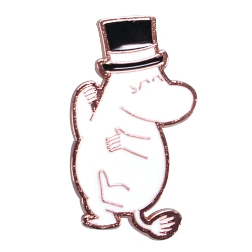 Enamel pin of Moomin Papa wearing a black top hat with rose gold trim.
