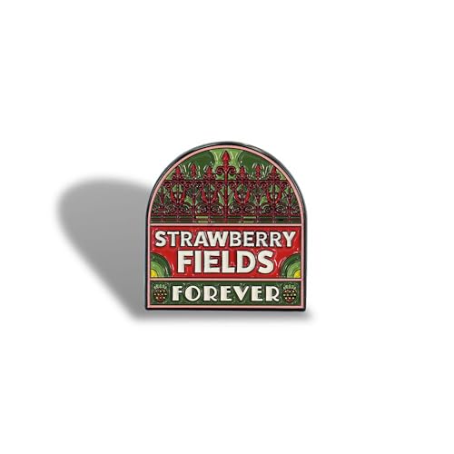 Arched pin badge with red "Strawberry Fields Forever" text and gate design.