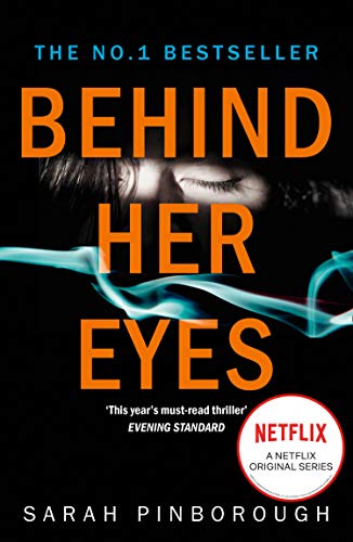 Book cover: “Behind Her Eyes” with a shadowed eye and blue light.