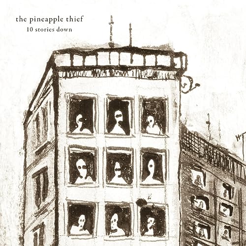 Black and white sketch of a tall building with faces in windows.