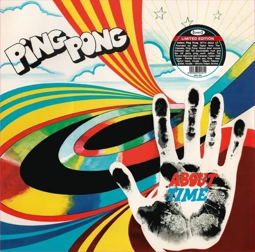 Vinyl record cover with colorful abstract design, hand, and text.
