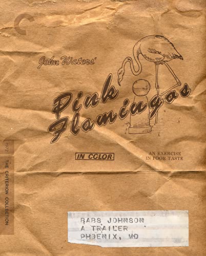 Brown paper bag-style Blu-ray cover for John Waters’ “Pink Flamingos” with flamingo illustration.
