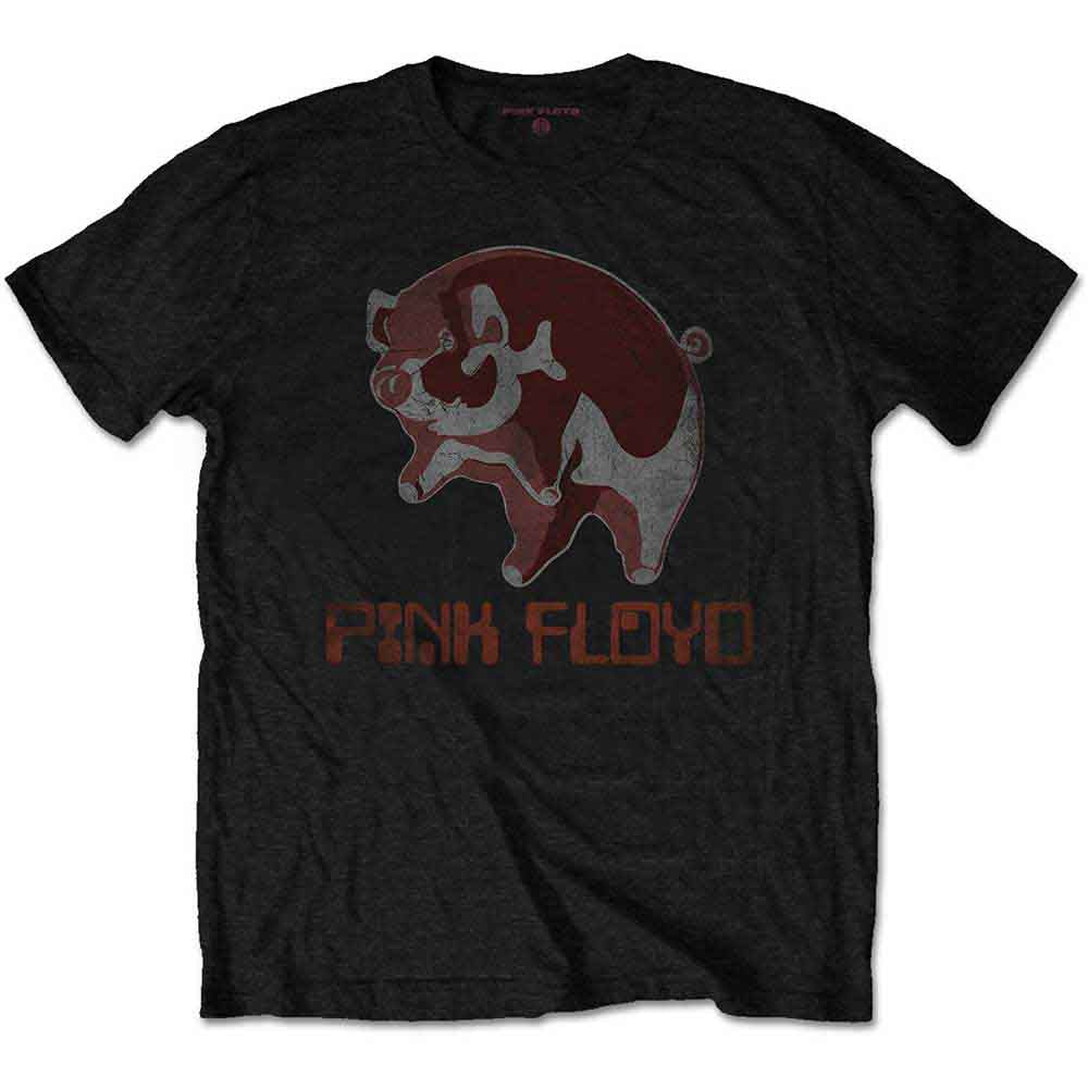 Black t-shirt with a red and gray pig graphic and "Pink Floyd" text.