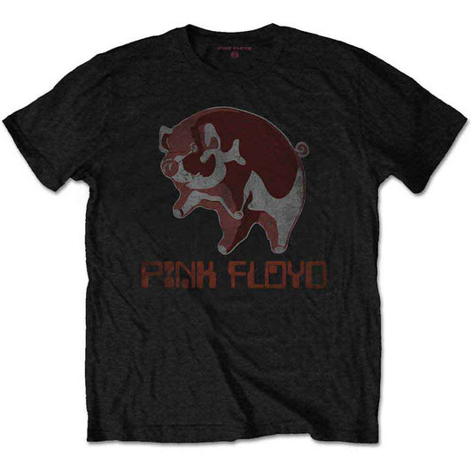 Black t-shirt with a red and gray pig graphic and "Pink Floyd" text.