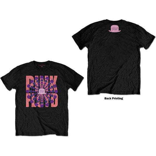 A man wearing a black Pink Floyd t-shirt with a purple bowler hat graphic.