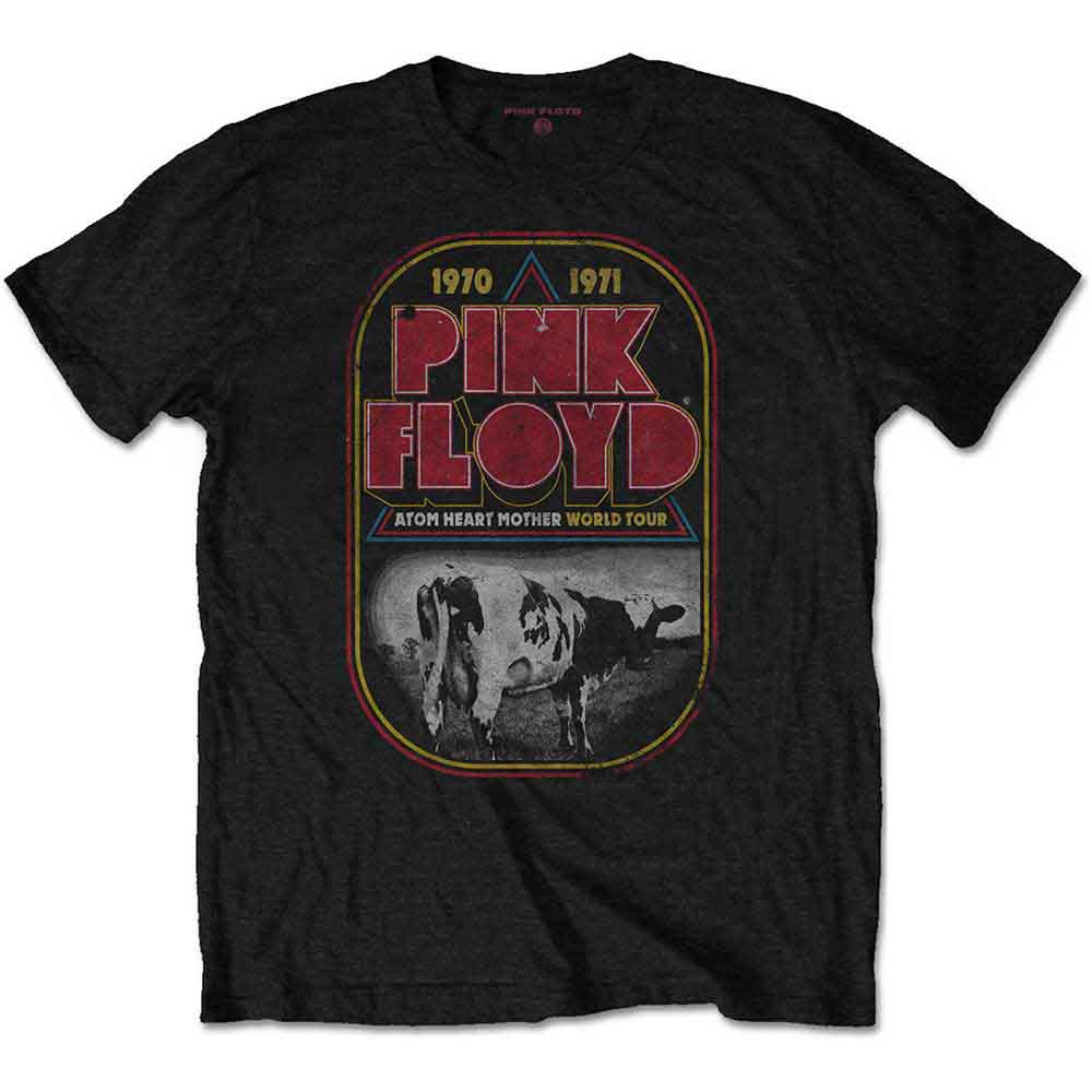 Black Pink Floyd t-shirt with Atom Heart Mother tour logo and cow image.