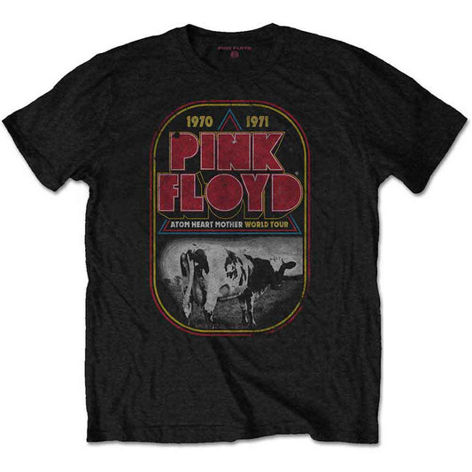 Black Pink Floyd t-shirt with Atom Heart Mother tour logo and cow image.