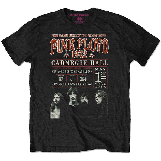 Black t-shirt with a vintage Pink Floyd 1972 Carnegie Hall concert poster design.
