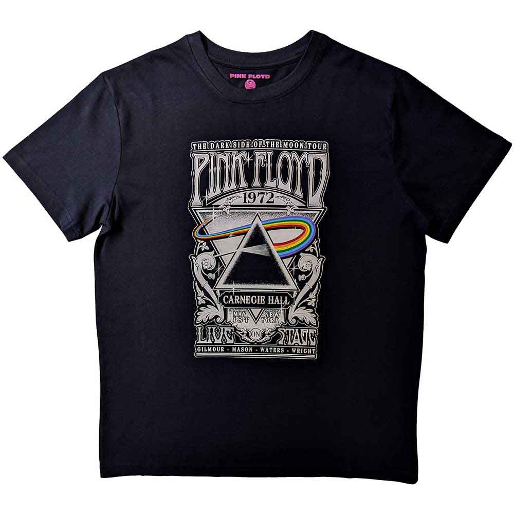 Yellow t-shirt with a vintage Pink Floyd Carnegie Hall concert poster design.