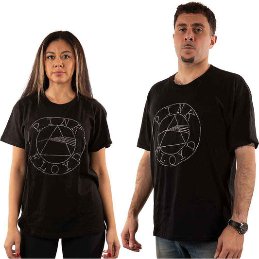 Man wearing black Pink Floyd t-shirt with circular prism logo.