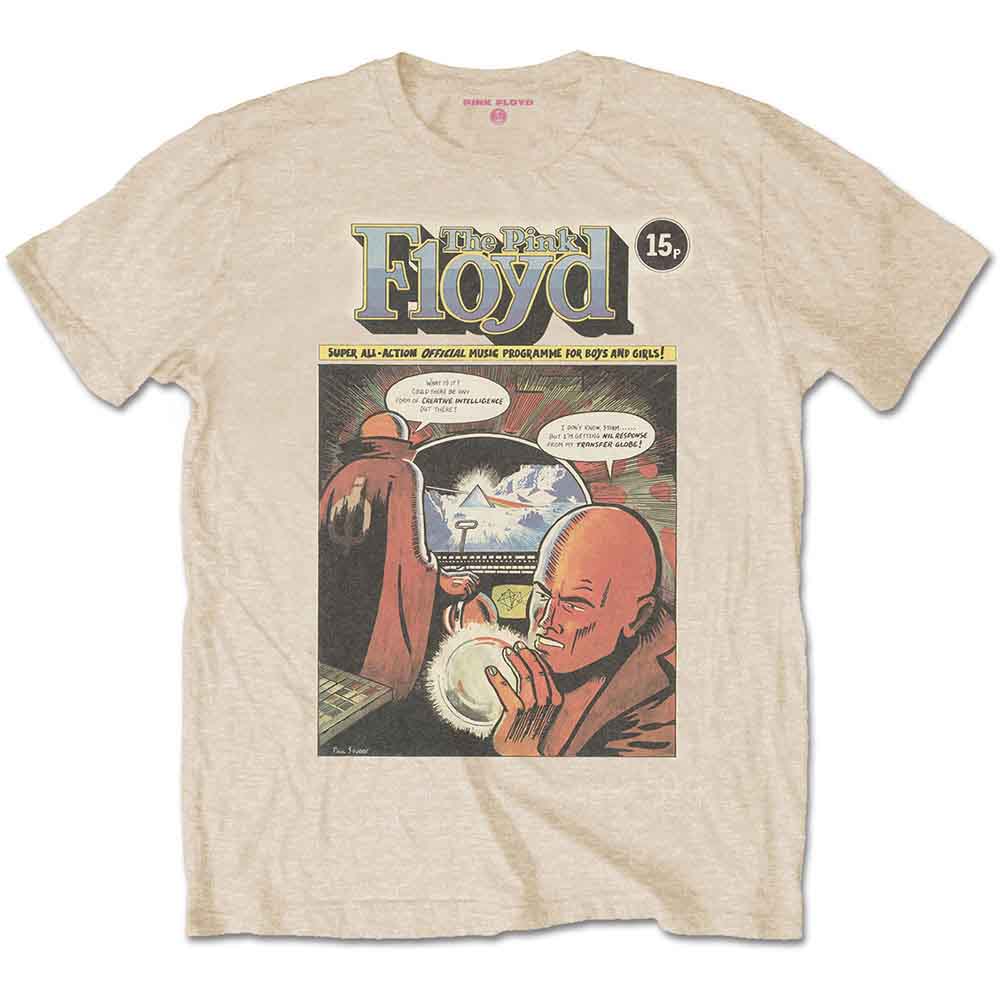 A man wearing a sand-colored t-shirt with a Pink Floyd comic book graphic print.