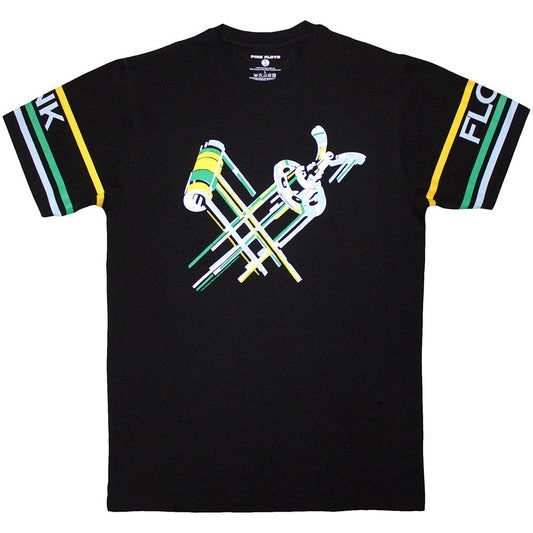 Black Pink Floyd t-shirt with abstract cycle parts graphic and striped sleeve text.