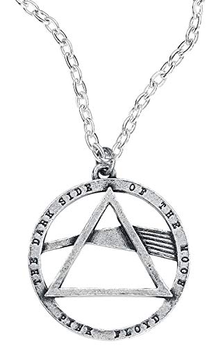 Silver necklace with circular pendant featuring a triangle and prism design.