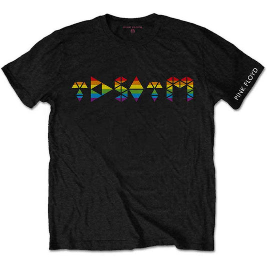 Black Pink Floyd t-shirt with rainbow prism design on the chest.