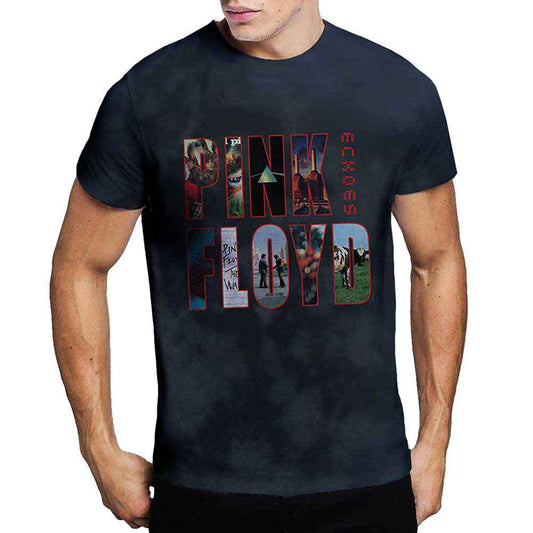 A woman wearing a black dip-dye Pink Floyd T-shirt with an album montage graphic.