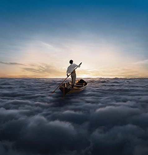Man punting a boat through clouds at sunset, Pink Floyd album cover.