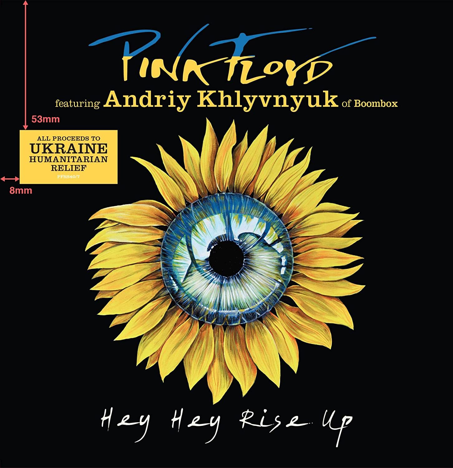 Sunflower with an eye in the center, black background, Pink Floyd text.