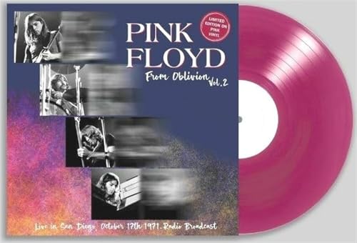 Pink Floyd album cover and pink vinyl record, live concert imagery.