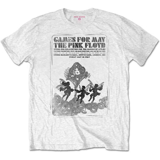 White t-shirt with black Pink Floyd "Games for May" concert graphic.