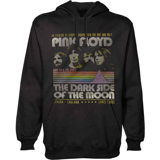 Black hoodie with Pink Floyd’s “Dark Side of the Moon” album artwork.