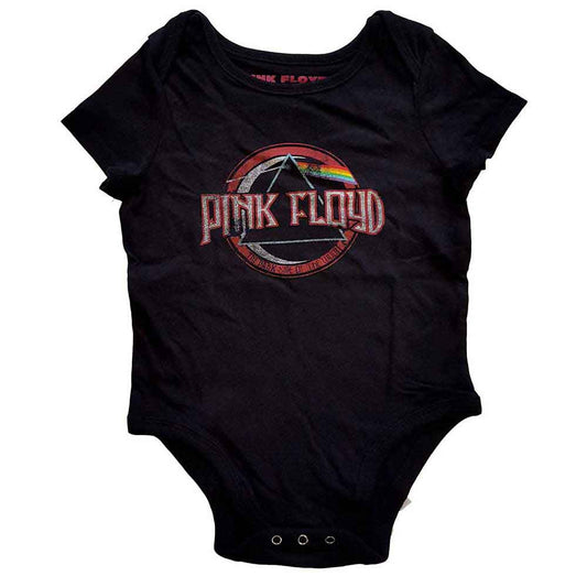 Pink baby grow featuring the Dark Side of the Moon prism design, 3-6 months.