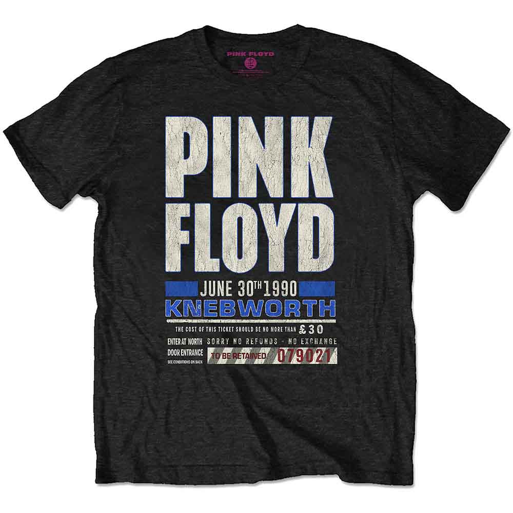 Black t-shirt with Pink Floyd Knebworth 1990 concert ticket design.