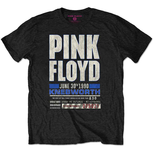 Black t-shirt with Pink Floyd Knebworth 1990 concert ticket design.