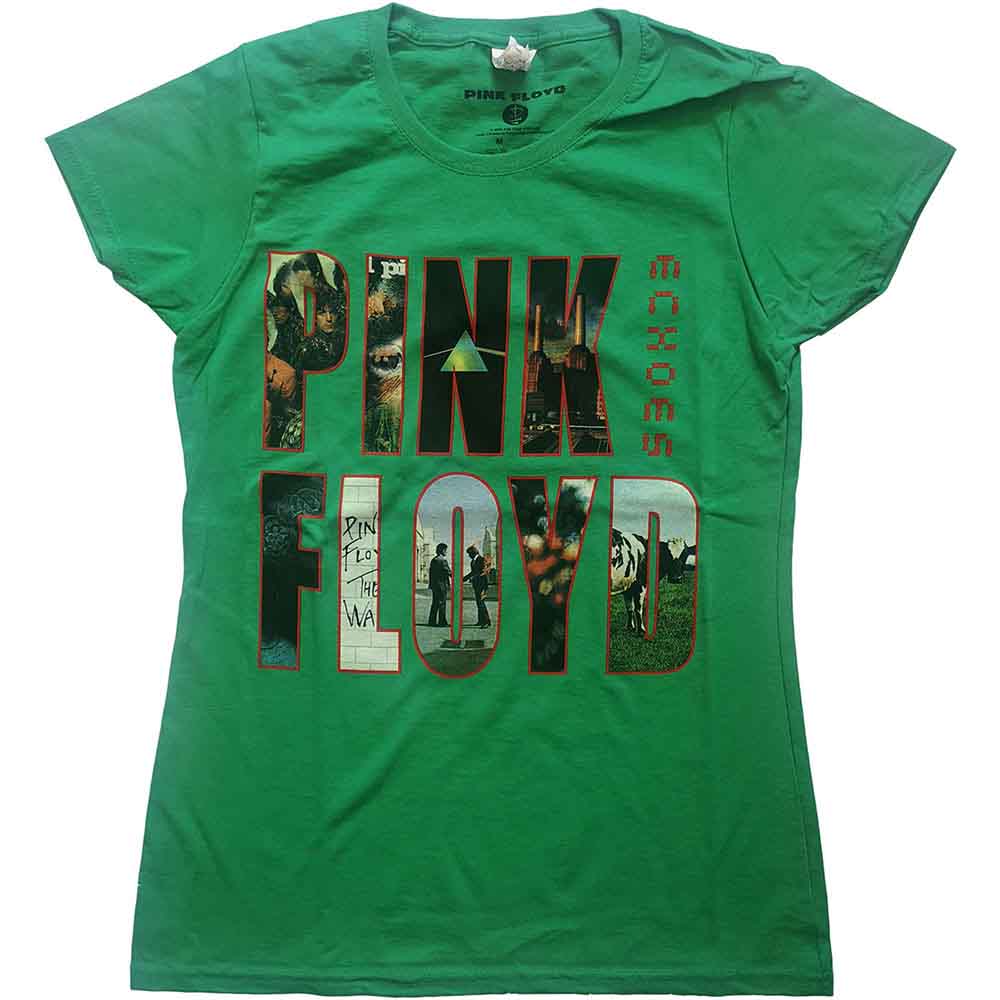 A woman wearing a green t-shirt featuring a Pink Floyd Echoes album art montage.