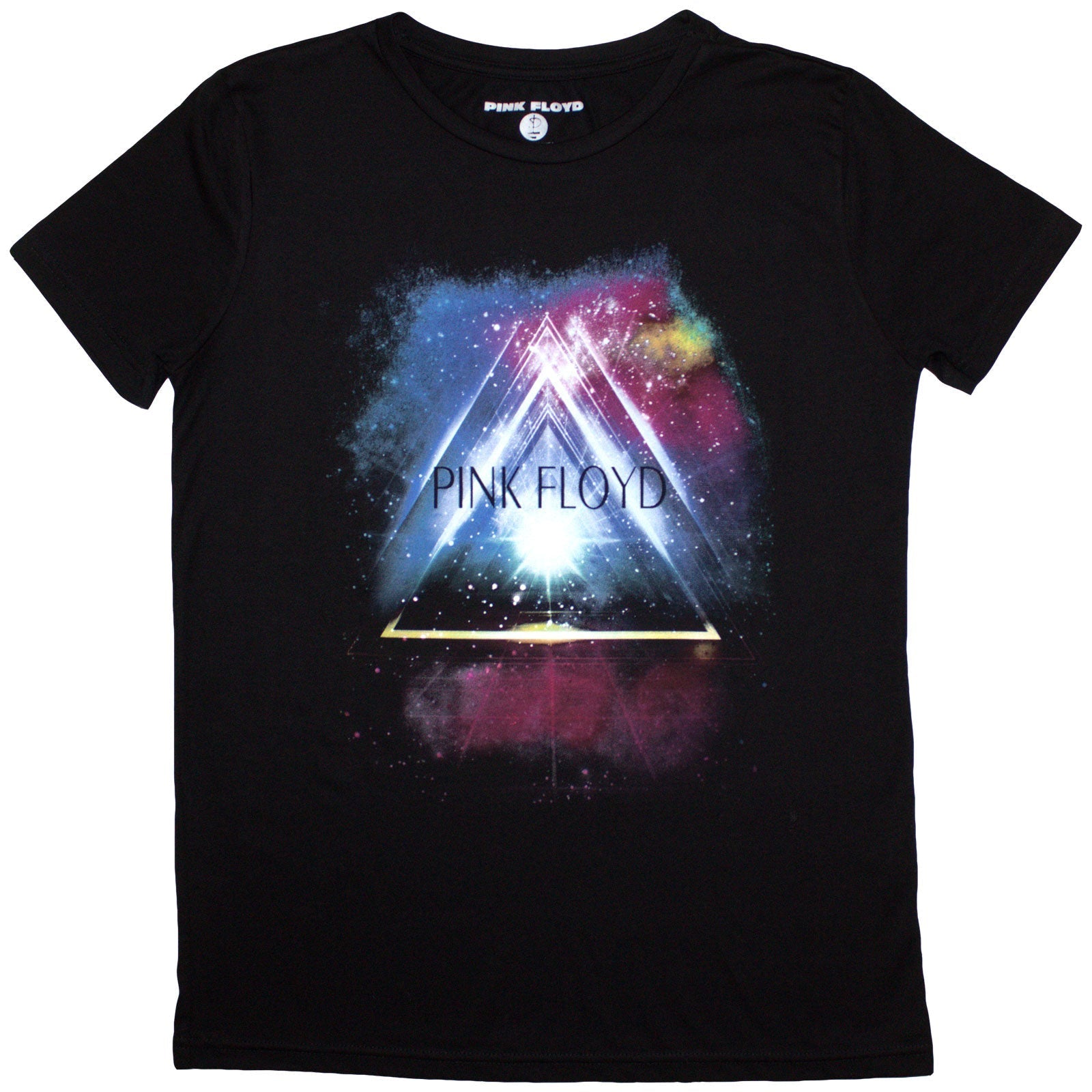 Pink Floyd ladies t-shirt featuring a colorful prism graphic on a black background.