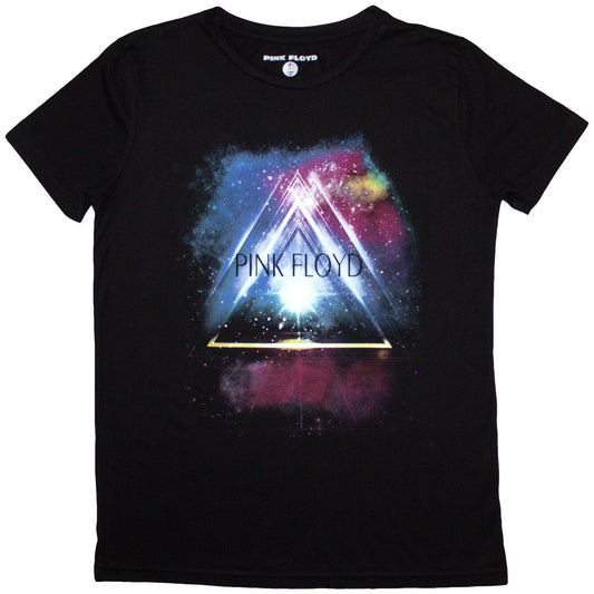 Pink Floyd ladies t-shirt featuring a colorful prism graphic on a black background.