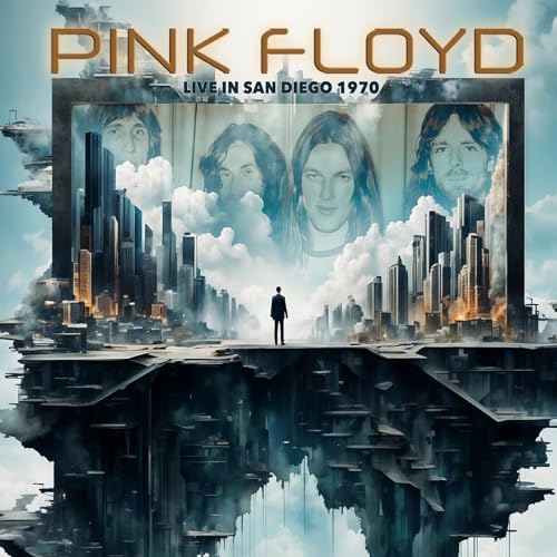 Pink Floyd album cover: cityscapes, clouds, and band member portraits.