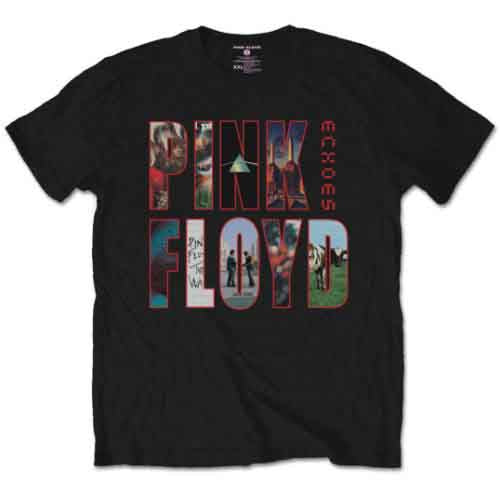 A man wearing a black t-shirt featuring a Pink Floyd Echoes album montage graphic.