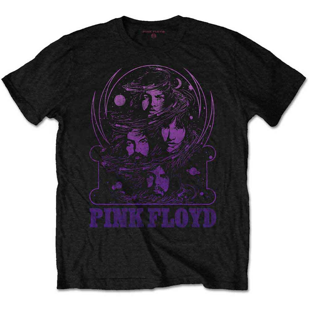 Black t-shirt with purple Pink Floyd swirl design and faces.