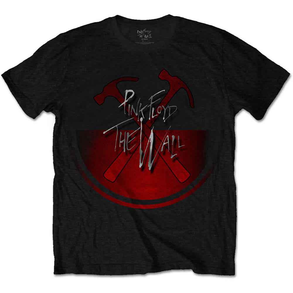 A man wearing a black Pink Floyd The Wall t-shirt with a red hammer graphic.