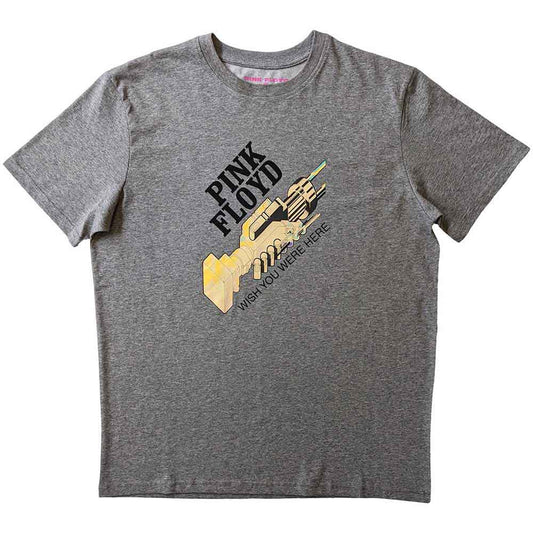 Gray t-shirt with Pink Floyd “Wish You Were Here” robot graphic.