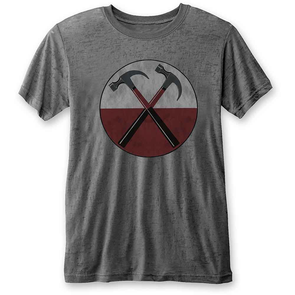 Grey t-shirt with a circular design of crossed red hammers.