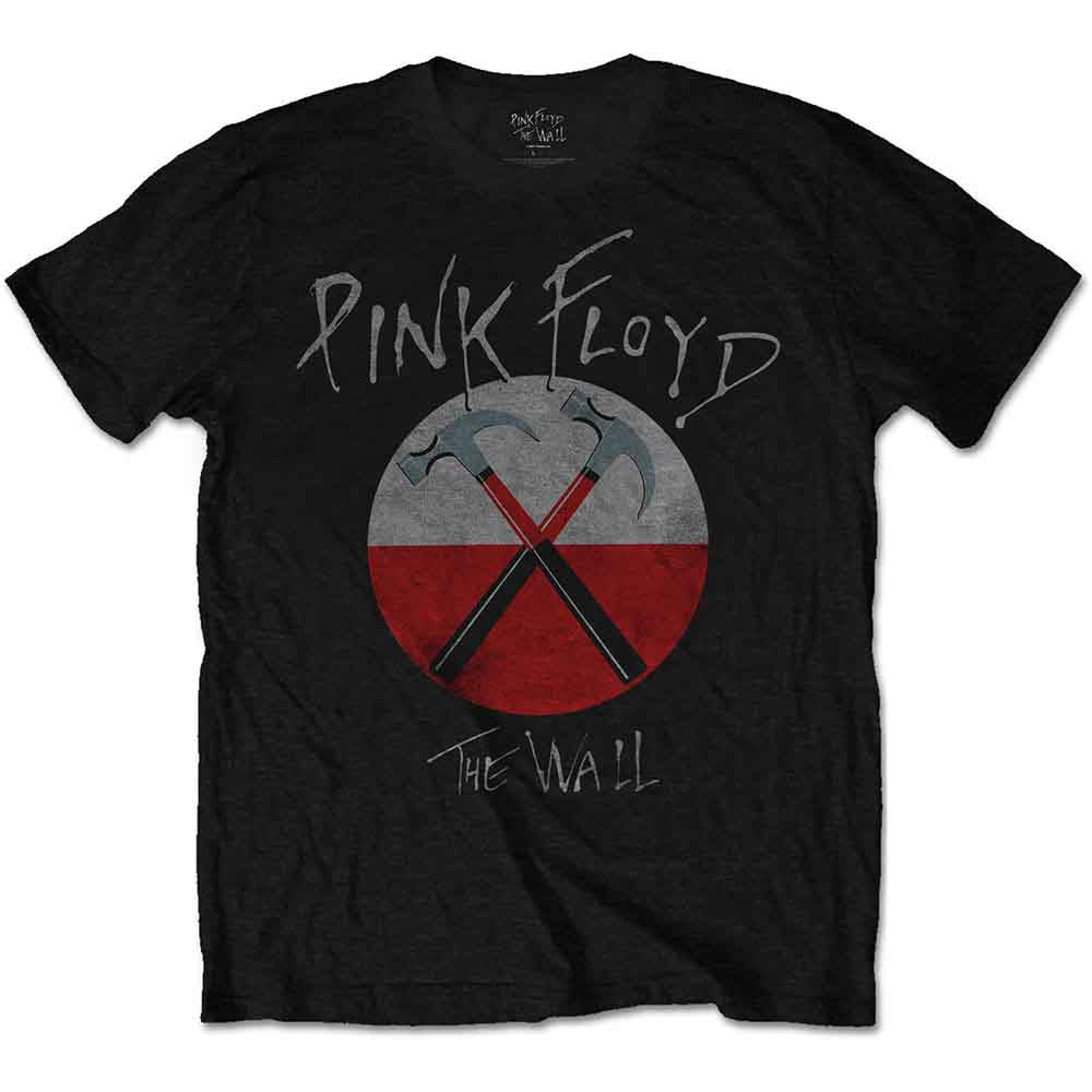 Man wearing a black Pink Floyd t-shirt featuring the crossed hammers logo.