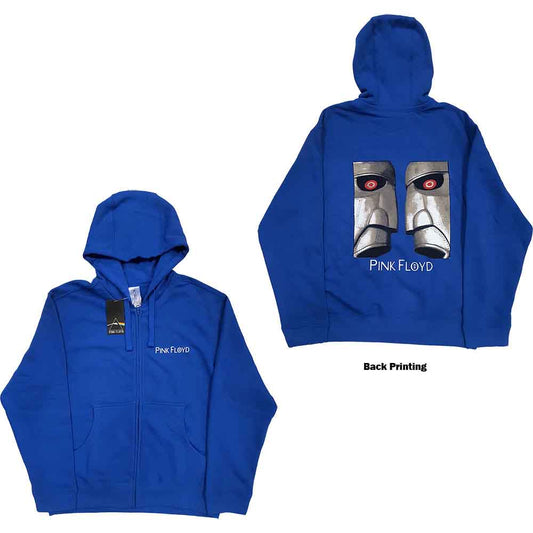 A man wearing a blue zip-up hoodie with the white Pink Floyd logo.
