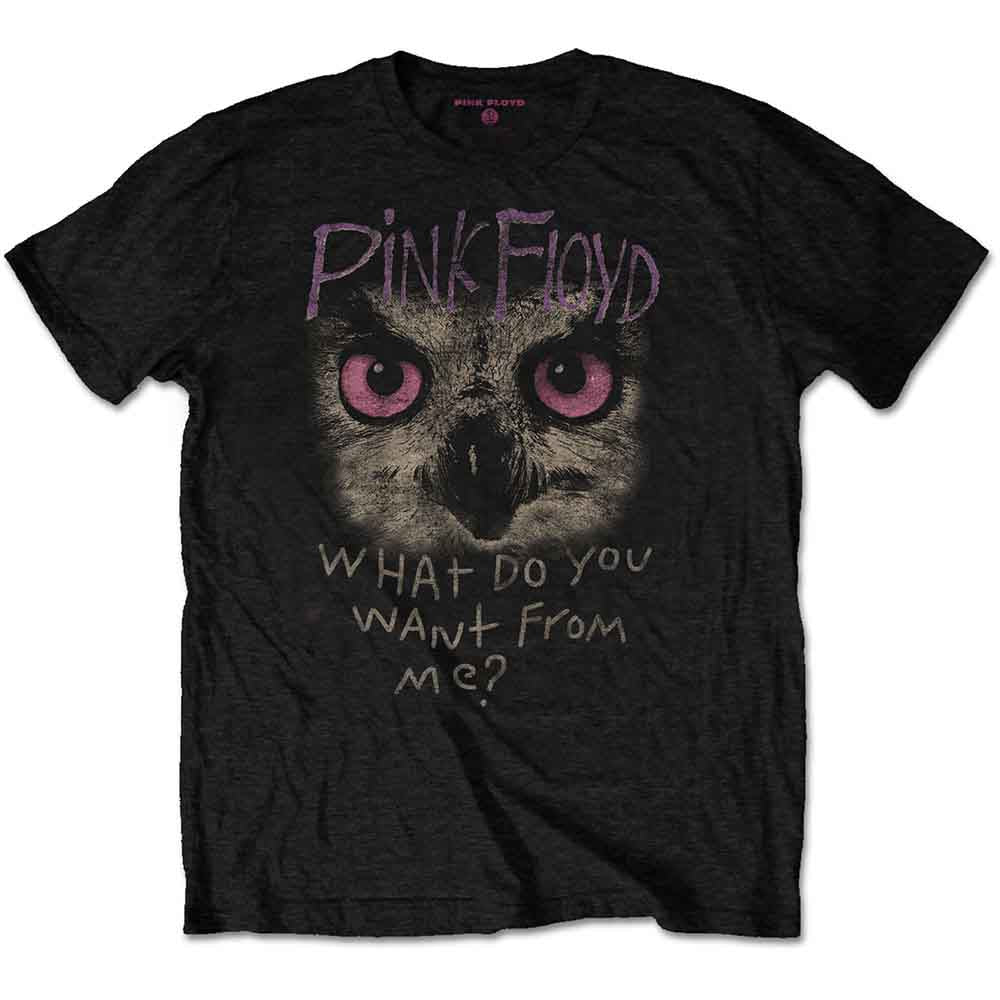 Black t-shirt with a pink and grey owl and "Pink Floyd" text.